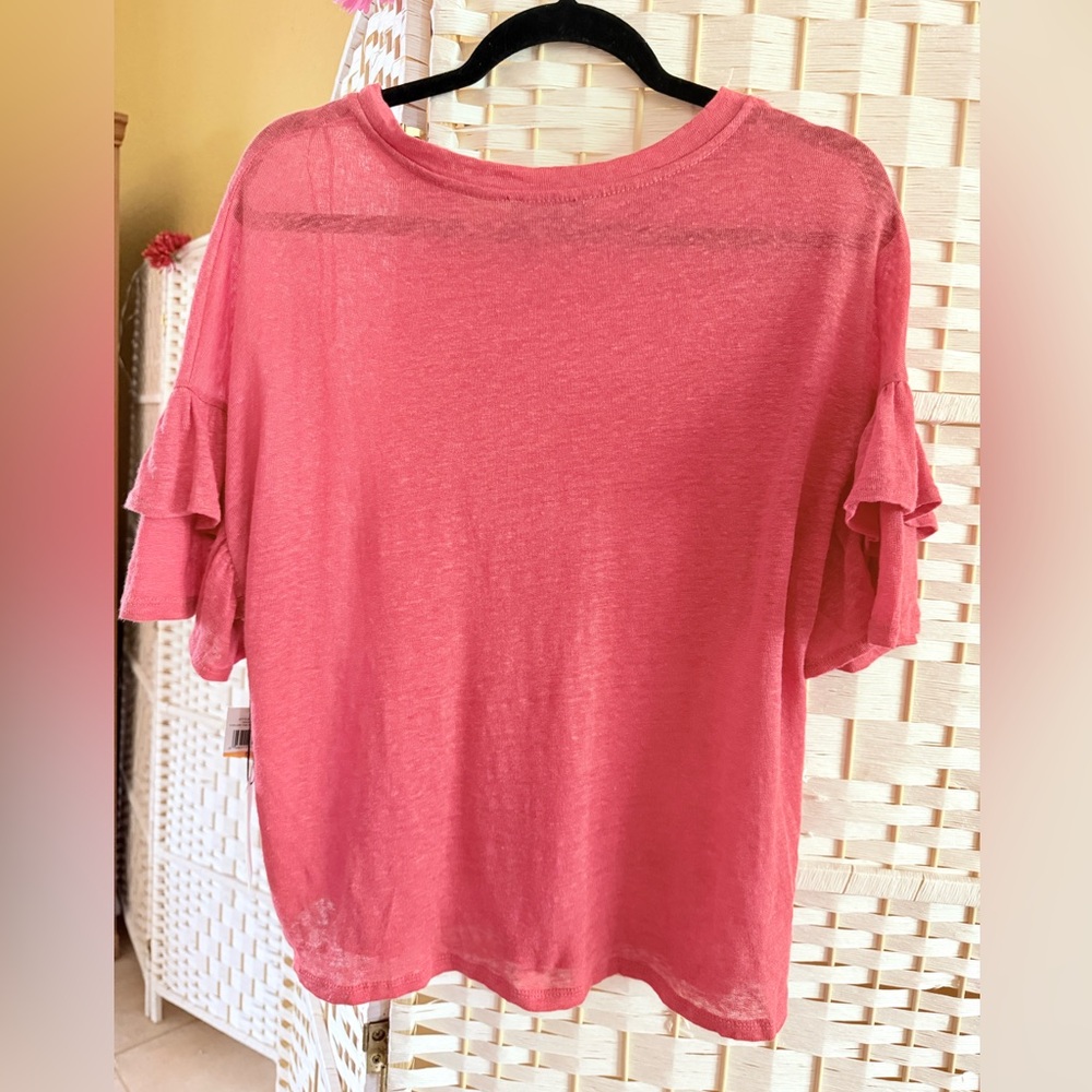 New 1. State Women's Coral Ruffle Short Sleeve Top 100% Linen Size S - Picture 2 of 6